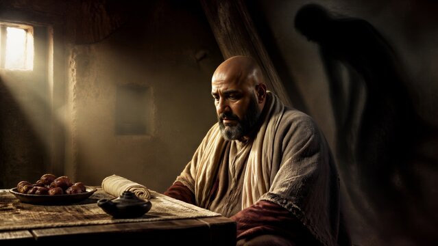Man in ancient attire sitting at a table with food, oil lamp, and an ominous shadow on the wall, lit by a window