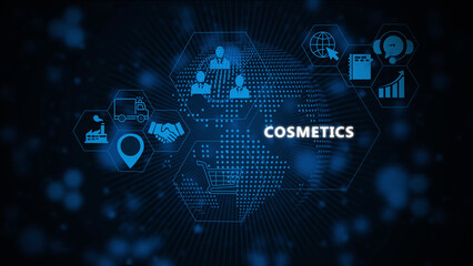 Digital interface display featuring the word cosmetics surrounded by glowing blue hexagonal network...