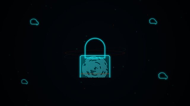 Glowing digital padlock with integrated biometric fingerprint scan on a dark background, representing cybersecurity and data protection concept for technology presentations, network safety banners,