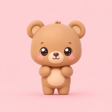 Adorable 3D cartoon teddy bear character standing on a pink background with big innocent eyes and blush cheeks, cute and playful design