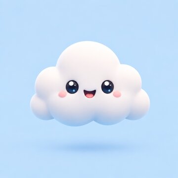 Adorable 3D cartoon cloud with a happy face, rosy cheeks, and large sparkling eyes floating on a light blue background