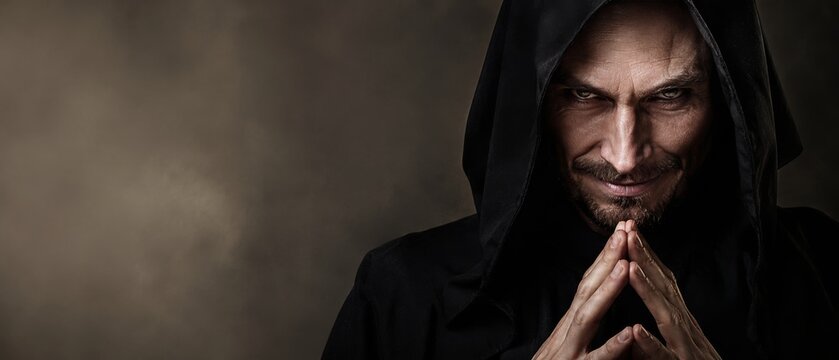 Mysterious hooded figure with an evil smirk and piercing eyes. banner format