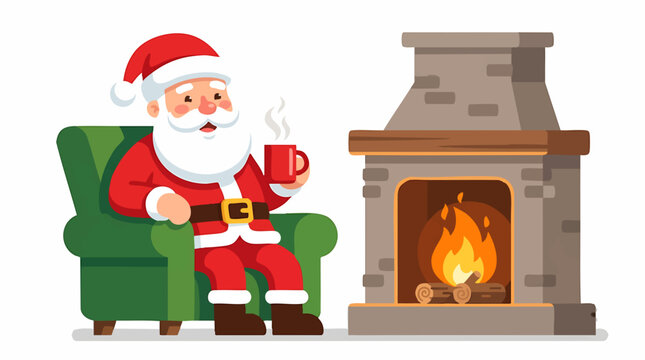 Santa Claus relaxing in armchair by fireplace holding a mug of hot drink enjoying Christmas warmth and comfort isolated on white background