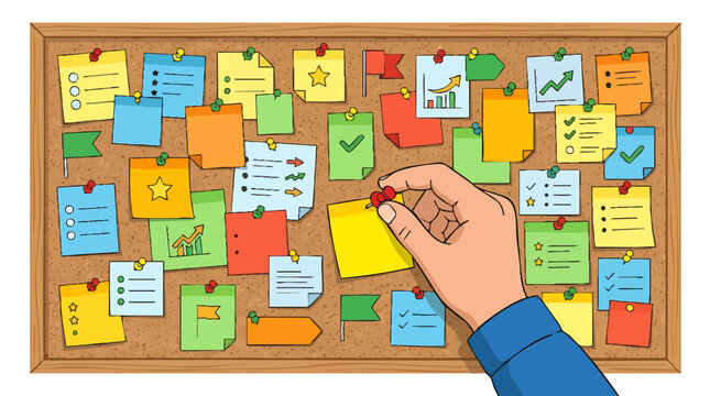 Hand pinning a yellow sticky note to a corkboard filled with colorful notes and task lists isolated on white background