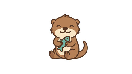 Obraz premium Cute otter cartoon holding fish, isolated on transparent background