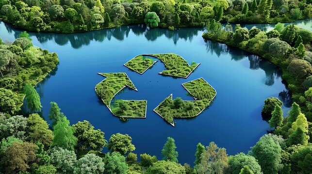 Abstract ecological icon illustrating recycling and reuse amidst a pristine jungle landscape