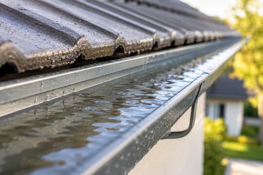A close-up view of a metal rain gutter filled with water, positioned under a tiled house roof edge.