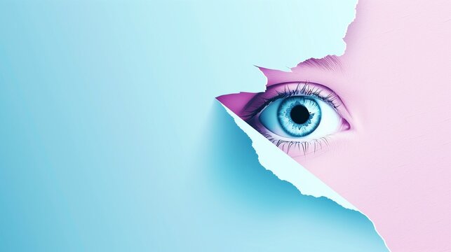 A curious blue eye peeking through a tear in blue paper