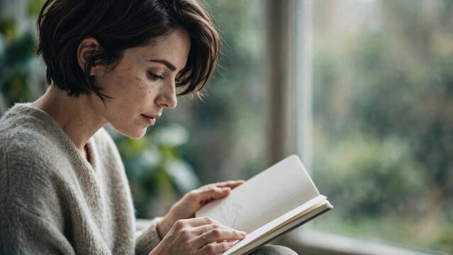 Contemplative Woman Reading Book by Natural Window Light
