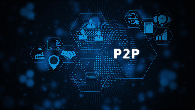 Digital p2 p peer to peer network concept featuring a glowing blue dotted globe, interconnected hexagonal representing
