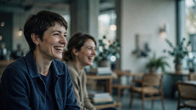 Friends Laughing Together in a Bright Cafe Setting