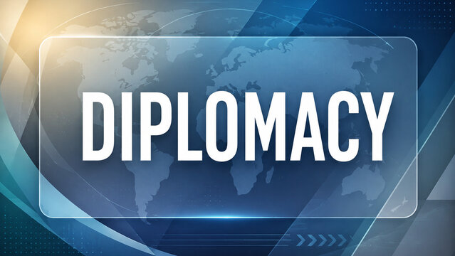 Bold diplomacy text over a blue global map, representing international relations, cooperation, foreign policy, and worldwide communication.