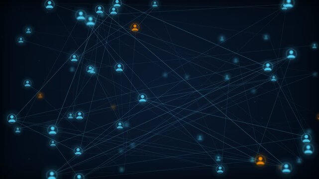 Futuristic digital network with glowing blue user icons connected by lines on a dark background, concept for global social media connectivity and business team marketing