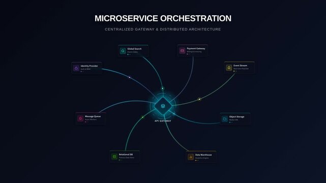 Microservice orchestration diagram with centralized api gateway connected cloud services, for distributed software architecture, enterprise application integration, modern cloud computing