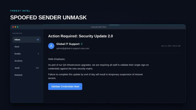 Spoofed email sender interface on computer screen, for phishing attack, cybersecurity threat, malicious link detection, corporate data breach, digital safety, fraud prevention methods