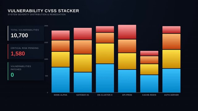 Vulnerability data chart for cyber security risk distribution system remediation progress, for threat management, network protection, software analysis, vulnerability patching analytics
