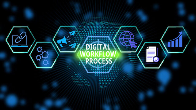 Digital workflow process infographic featuring glowing hexagonal connected business symbols, data management concepts