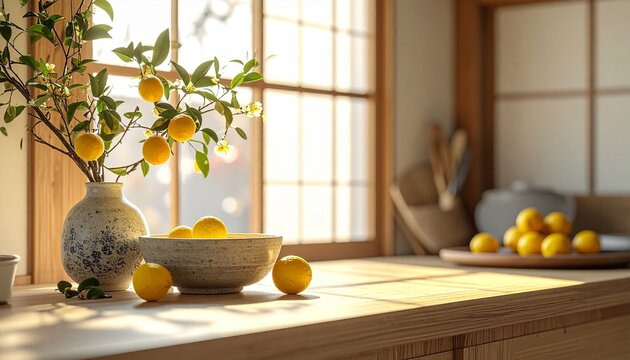 Japanese Yuzu Citrus Still Life with Ceramic Bowl in a Traditional Home