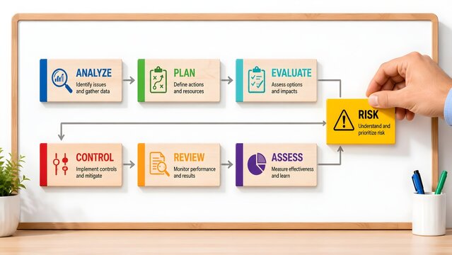 Hand building risk management process flowchart on whiteboard with wooden blocks for strategic planning