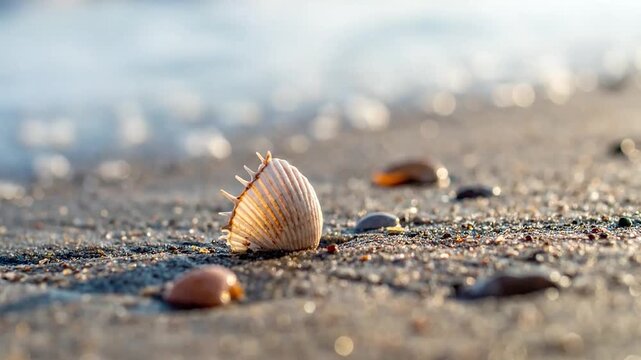 Single seashell on sandy beach at golden sunset