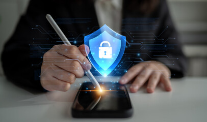 Digital security shield providing network protection and data privacy. This represents a firewall...