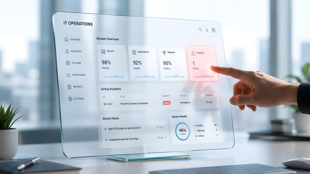 Hand touching transparent digital screen with IT operations dashboard system monitoring and network security concept