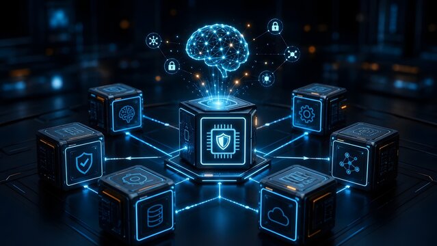 Artificial intelligence security network with glowing digital brain and data protection shield icons on microchip
