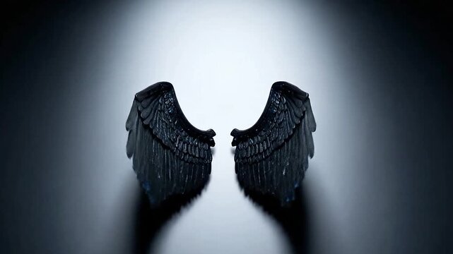 Symmetrical black feathered wings against dark minimalist background.
