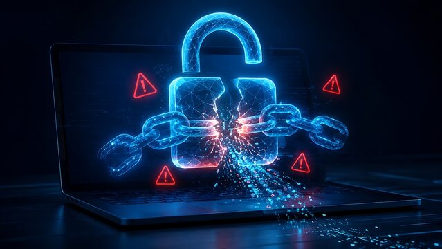 Cyber Security Breach Concept With Broken Digital Padlock And Chains On Laptop