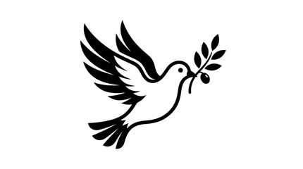 Fototapeta premium Black and white illustration of a flying dove holding an olive branch.