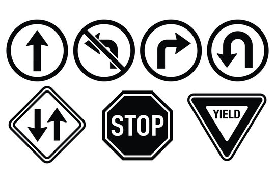 Traffic control and road safety sign icons set with traffic signs stop sign yield sign direction arrows no left turn roadway safety driving signs directional signs street signs traffic rules