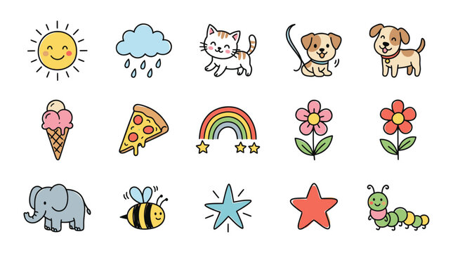 Collection of cute hand-drawn doodle icons featuring animals, nature, and everyday objects.
