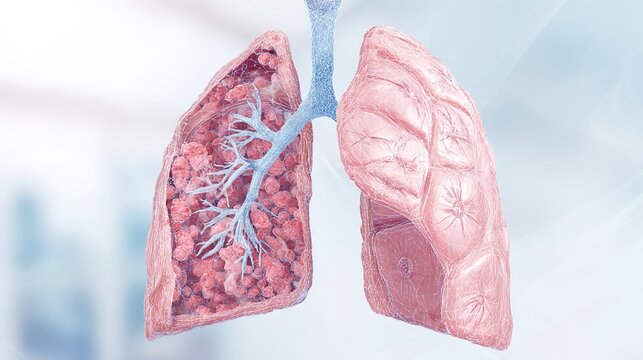 Lung Fibrosis medical 3D illustration, progressive scarring of lung tissue, respiratory disease concept, damaged alveoli, pulmonary fibrosis anatomy visualization, human respiratory system disorder, 