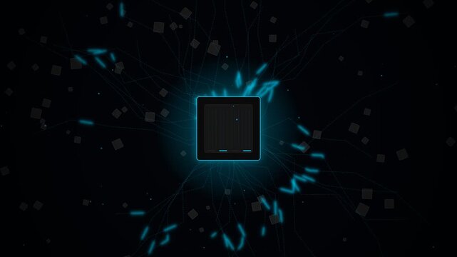 Futuristic central processor with glowing cyan data circuits and particle burst on dark background, concept for artificial intelligence, quantum computing, cyber security presentations and tech