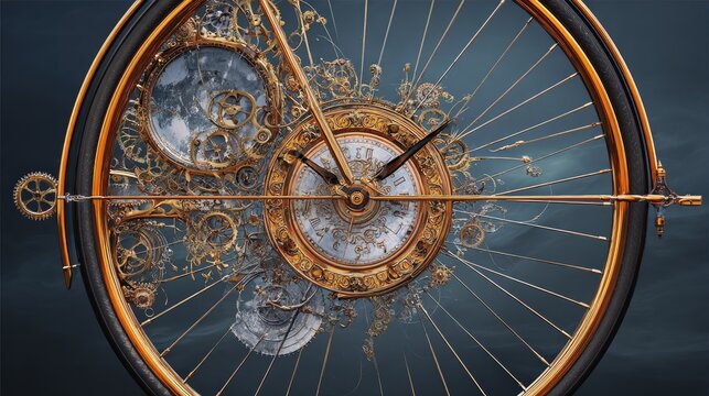 Ornate steampunk bicycle wheel with clockwork