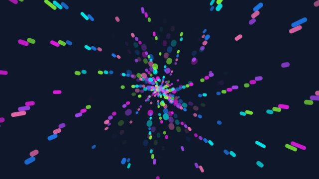Abstract graphic pattern of colorful oblong dashes radiating from the center against a dark navy blue backdrop, creating a sense of motion and expansion.