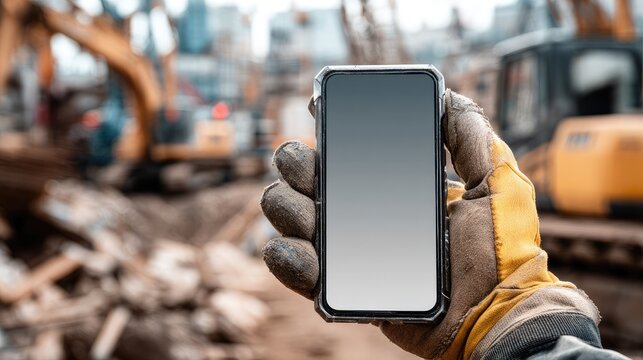 Smartphone in dirty work glove, construction site