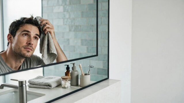 Man Grooming in Bathroom Mirror During Morning Routine