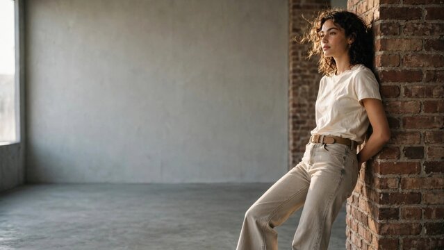 Pensive Woman Leaning Against Industrial Brick Wall