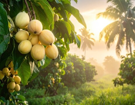 Ripe longan fruit clusters on tree in misty morning.