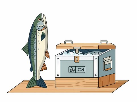 Illustration of a fresh salmon fish standing next to a wooden cooler box on a surface.