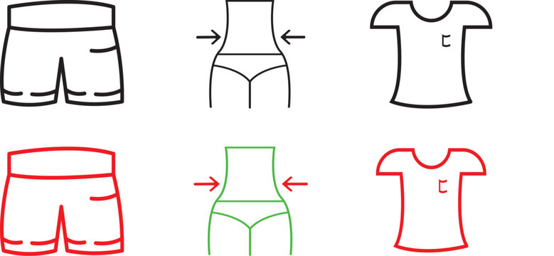 Activewear and Casual Clothing Line Icons Set &ndash; Shorts, Slimming Body Waist, and T-Shirt Vector Outline Set