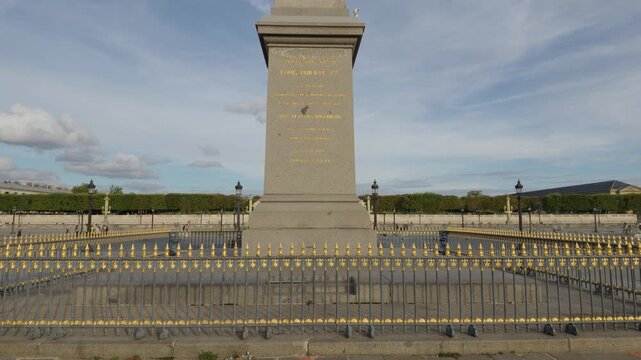 Luxor Obelisk base with golden fence in Place de la Concorde, a historic landmark in Paris, France