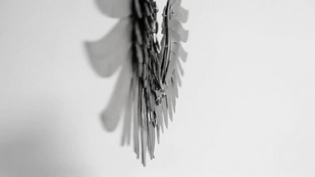 Mechanical metallic angel wings on white background.