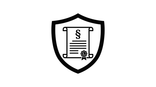 Legal protection shield icon with law scroll document and paragraph symbol.