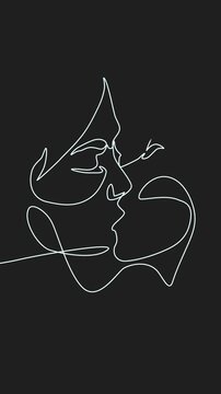 Elegant, minimalist one line drawing animation of a romantic couple kissing - black background