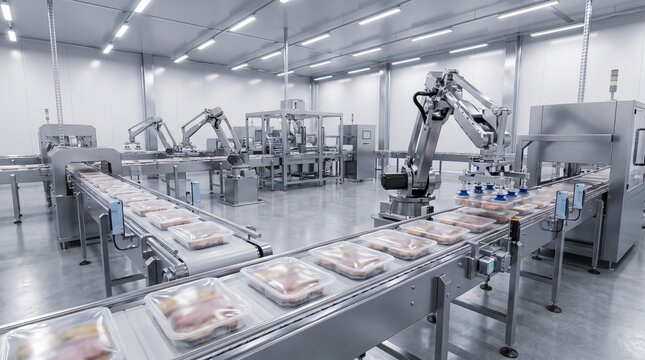 Automated robotic arms handling packaged food on a conveyor belt in a modern processing plant