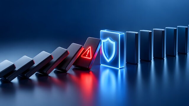 Glowing blue security shield stopping a chain of falling dominoes demonstrating cyber risk management and threat prevention