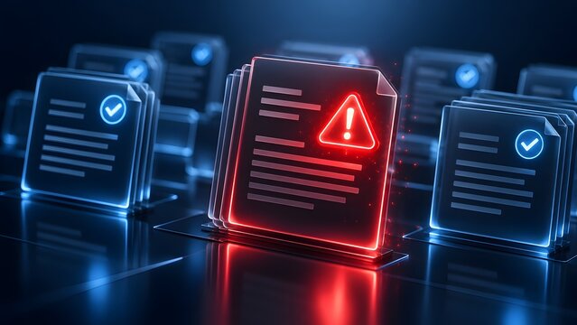 Glowing digital document folders highlighting a red warning alert among secure files demonstrating cyber threat detection and corrupted data