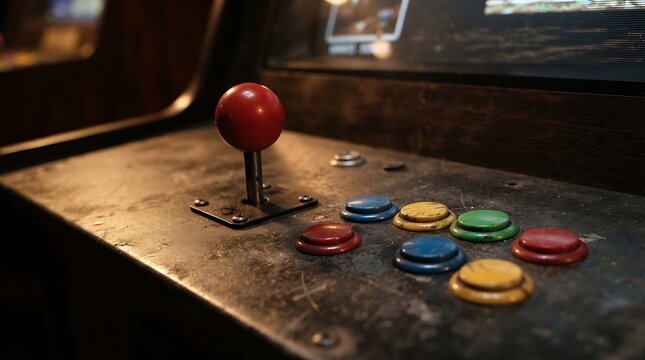 Retro arcade machine control panel with red joystick and colorful buttons for a vintage gaming experience